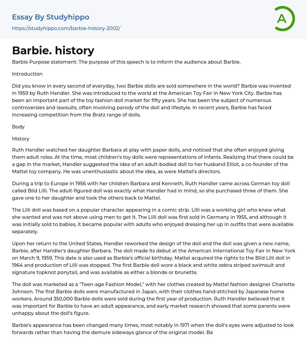 Barbie. history Essay Example