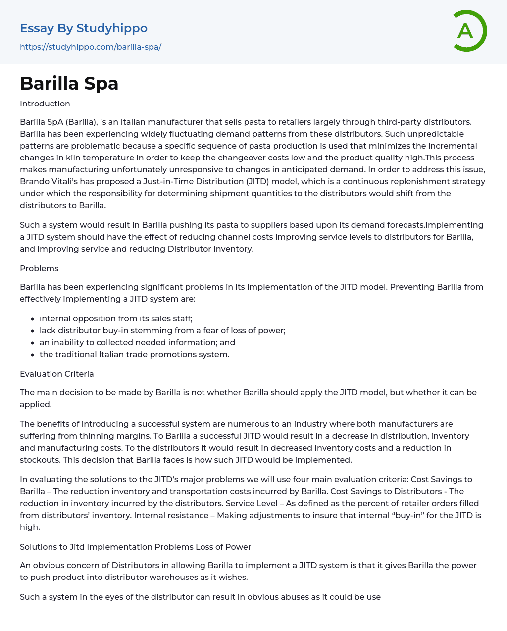 Barilla Spa Essay Example