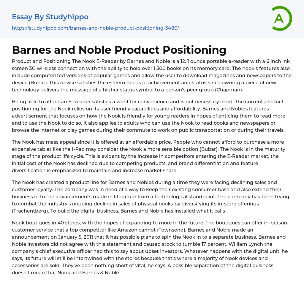 Barnes and Noble Product Positioning Essay Example