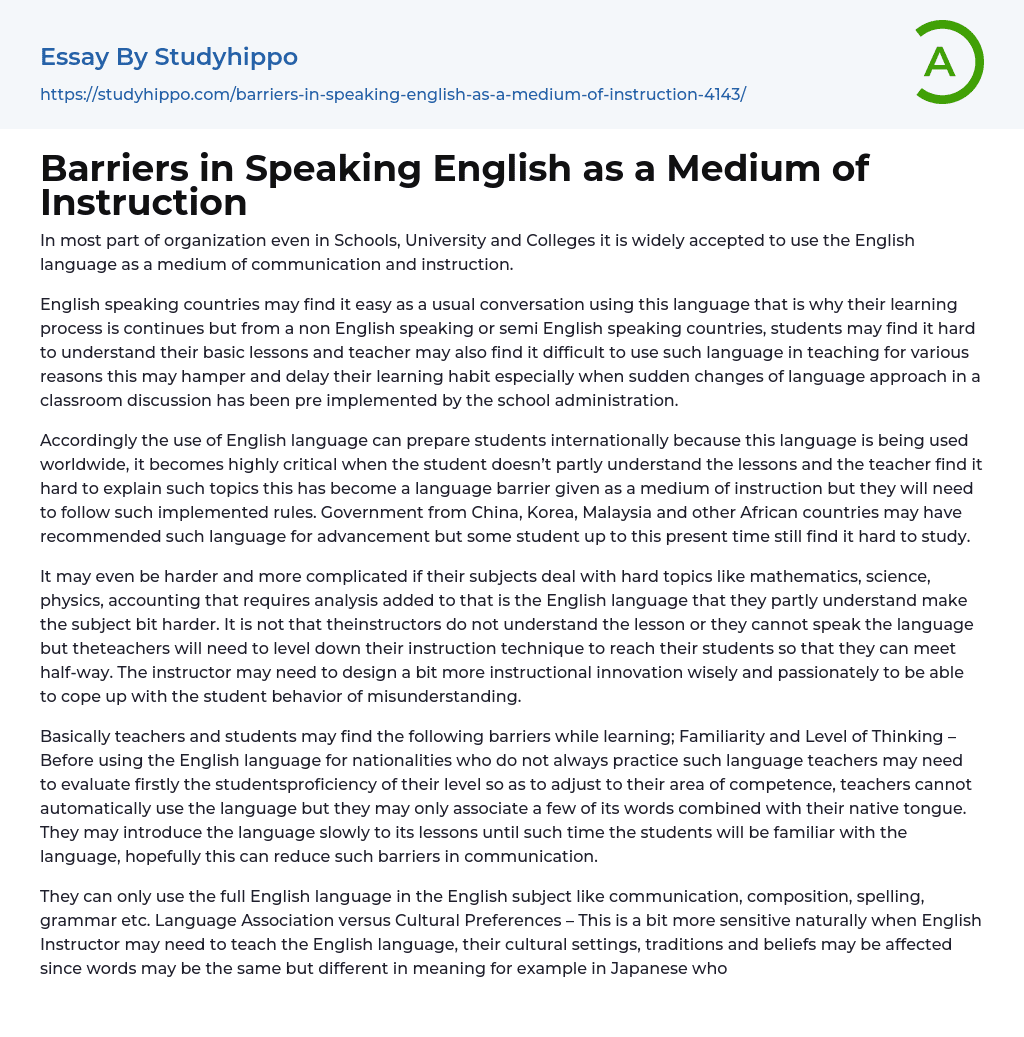 Barriers in Speaking English as a Medium of Instruction Essay Example