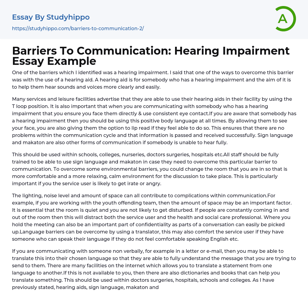 Barriers To Communication: Hearing Impairment Essay Example