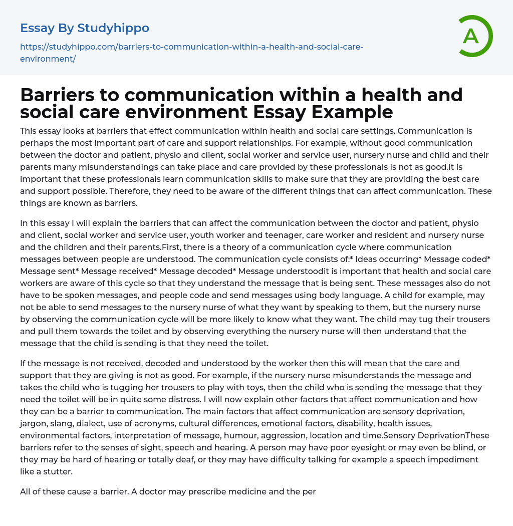Barriers to communication within a health and social care environment Essay Example