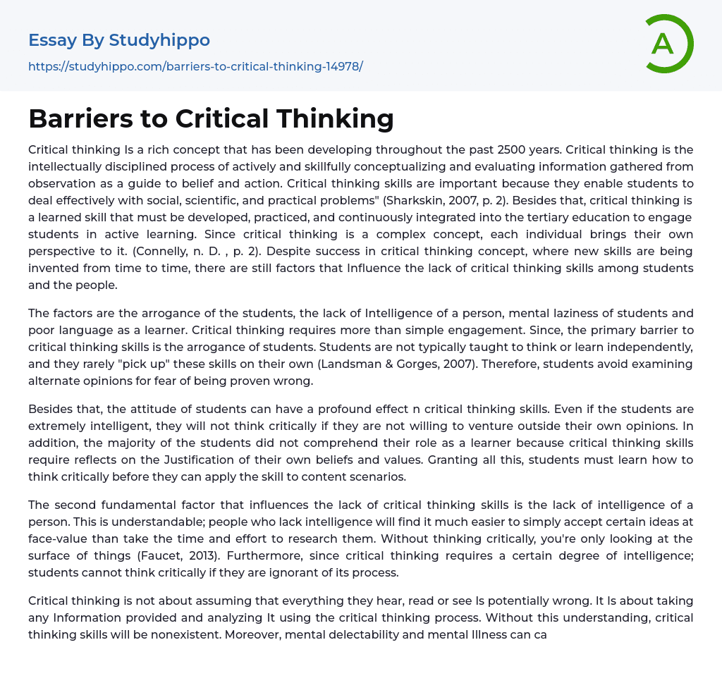 Barriers to Critical Thinking Essay Example