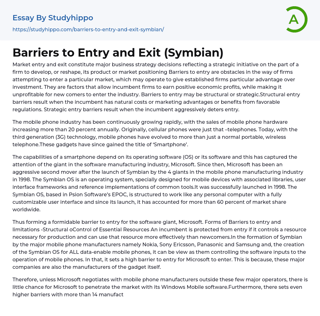 Barriers to Entry and Exit (Symbian) Essay Example