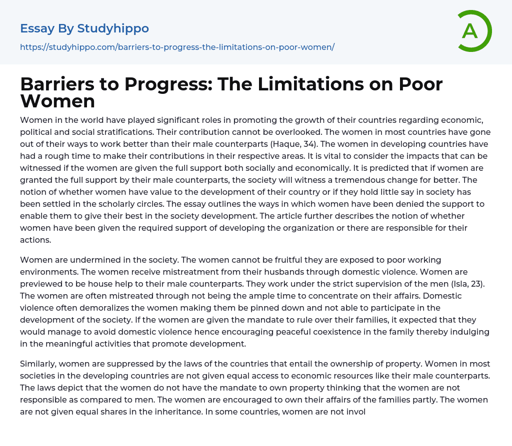 Barriers to Progress: The Limitations on Poor Women Essay Example