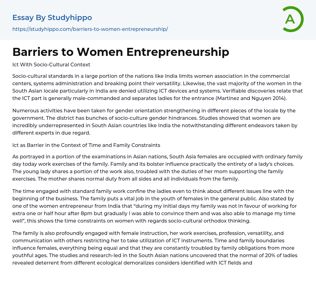 Barriers to Women Entrepreneurship Essay Example