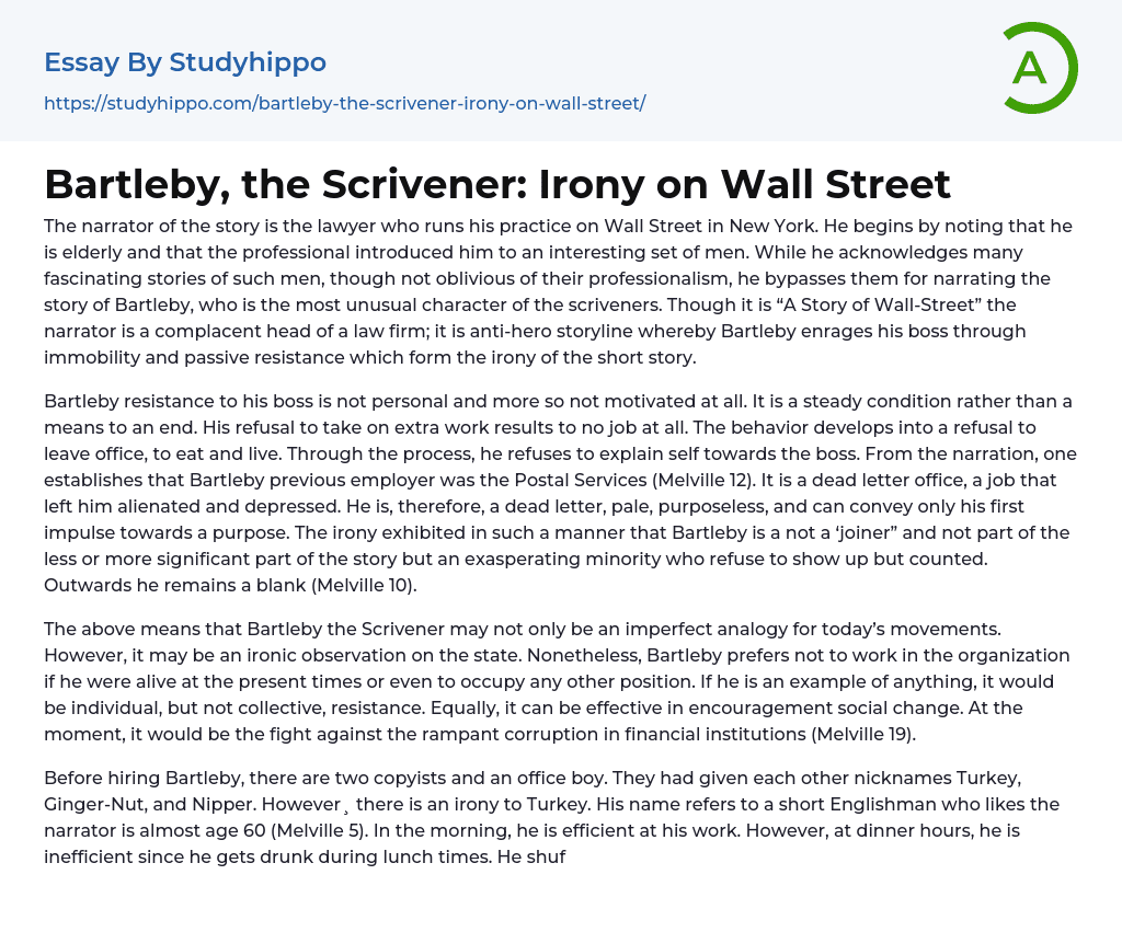Bartleby, the Scrivener: Irony on Wall Street Essay Example