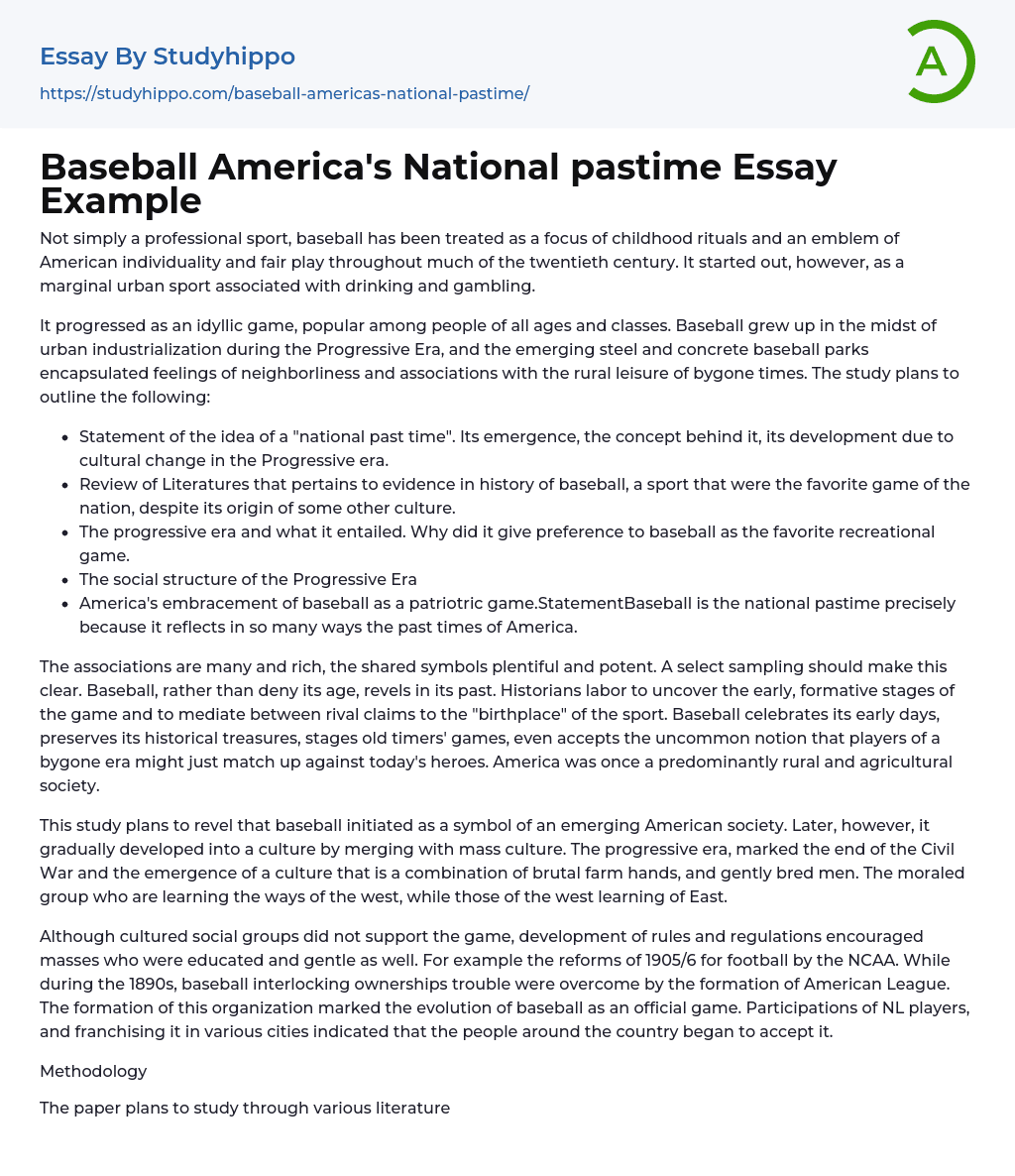 Baseball America’s National pastime Essay Example
