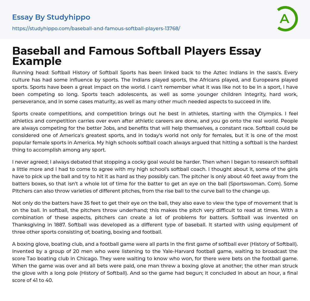 Baseball and Famous Softball Players Essay Example