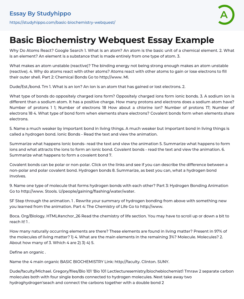 Basic Biochemistry Webquest Essay Example