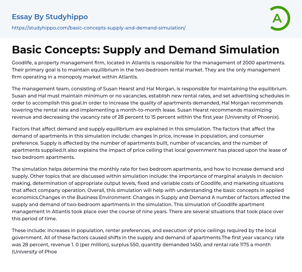 Basic Concepts: Supply and Demand Simulation Essay Example