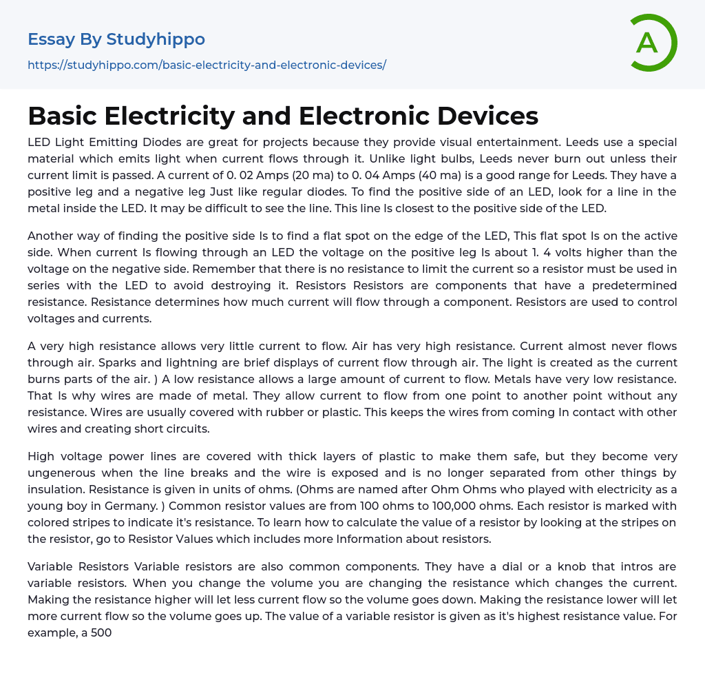 Basic Electricity and Electronic Devices Essay Example