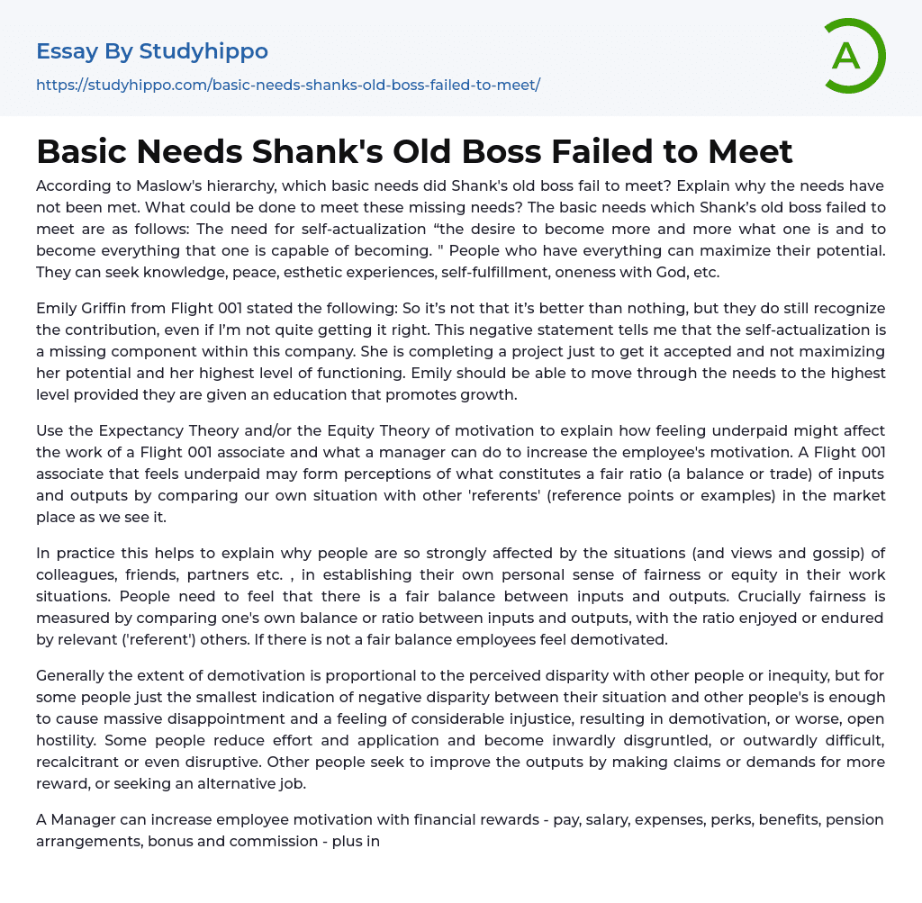 Basic Needs Shank’s Old Boss Failed to Meet Essay Example