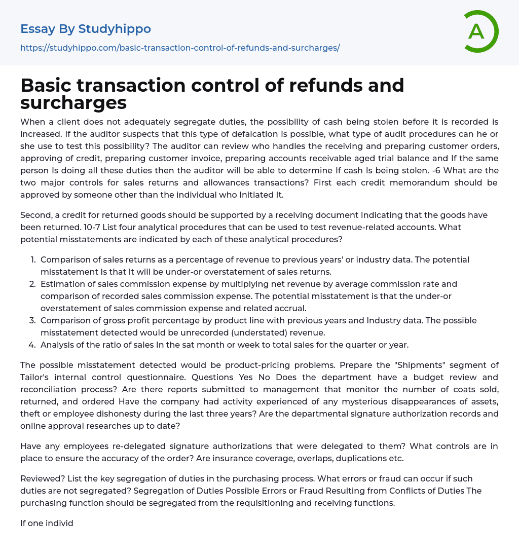 Basic transaction control of refunds and surcharges Essay Example