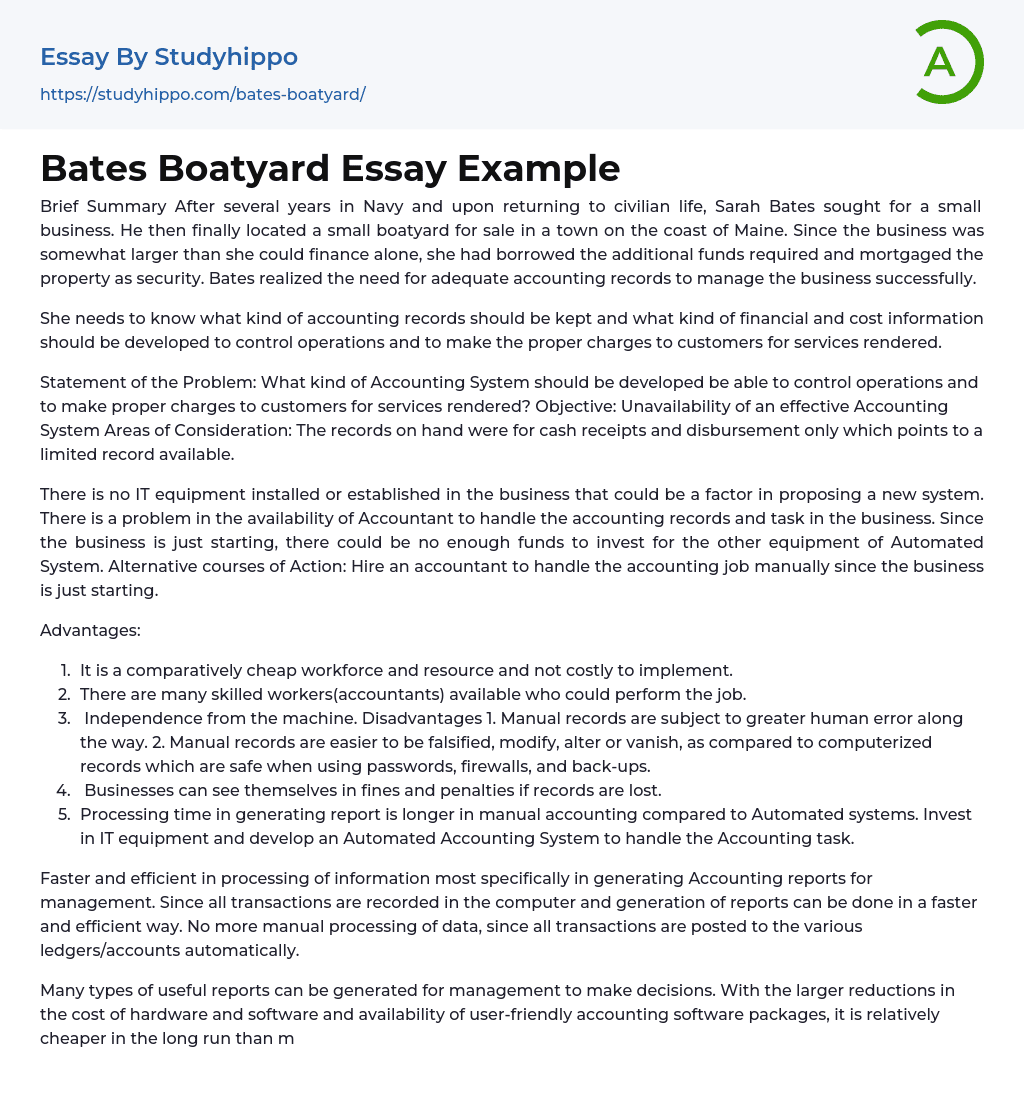 Bates Boatyard Essay Example
