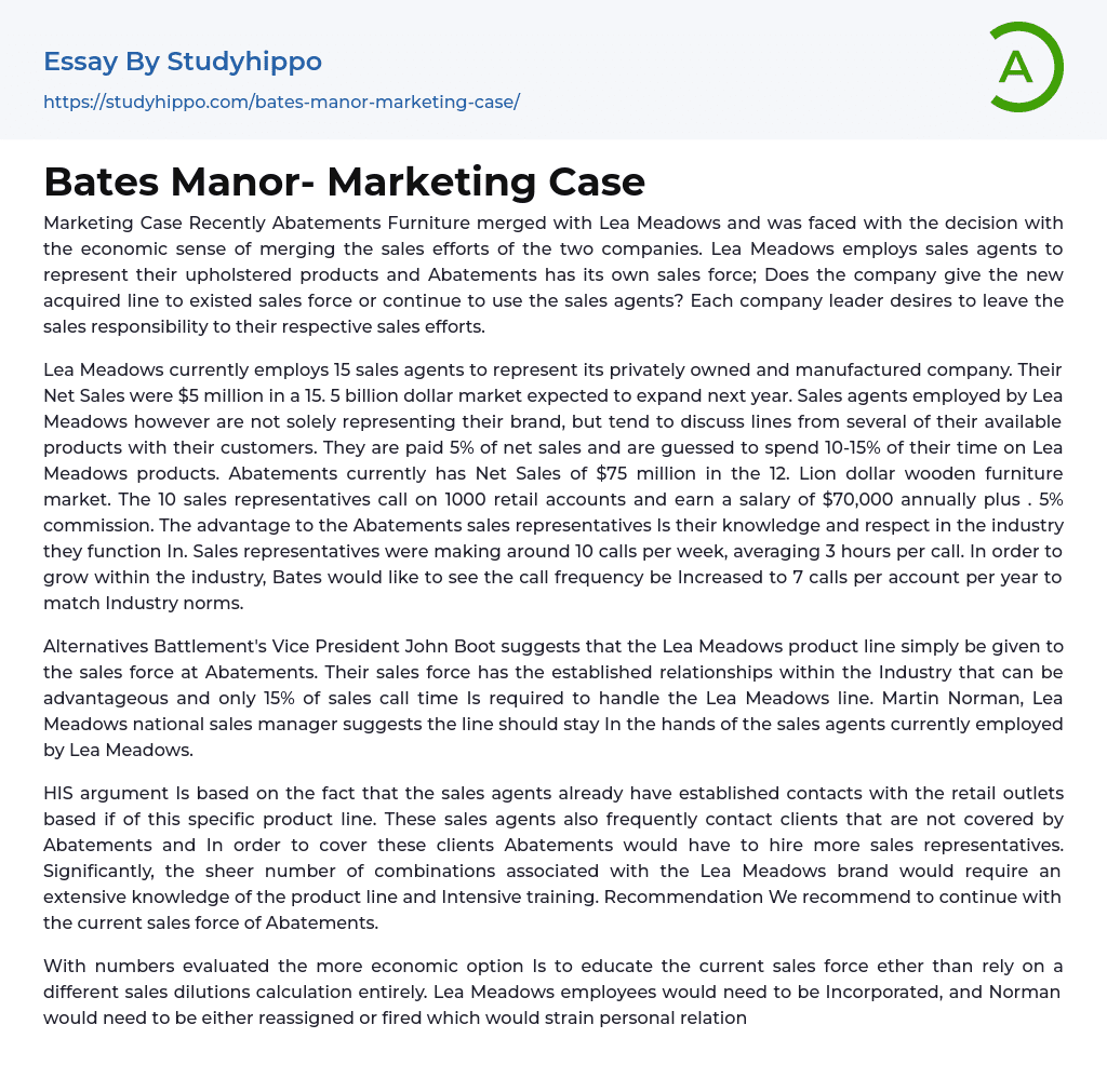 Bates Manor- Marketing Case Essay Example