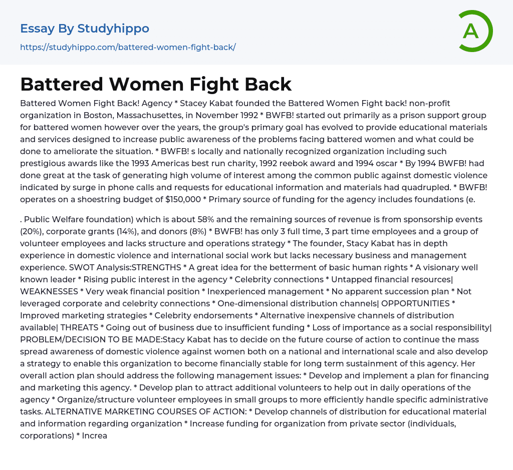Battered Women Fight Back – BWFB! Essay Example