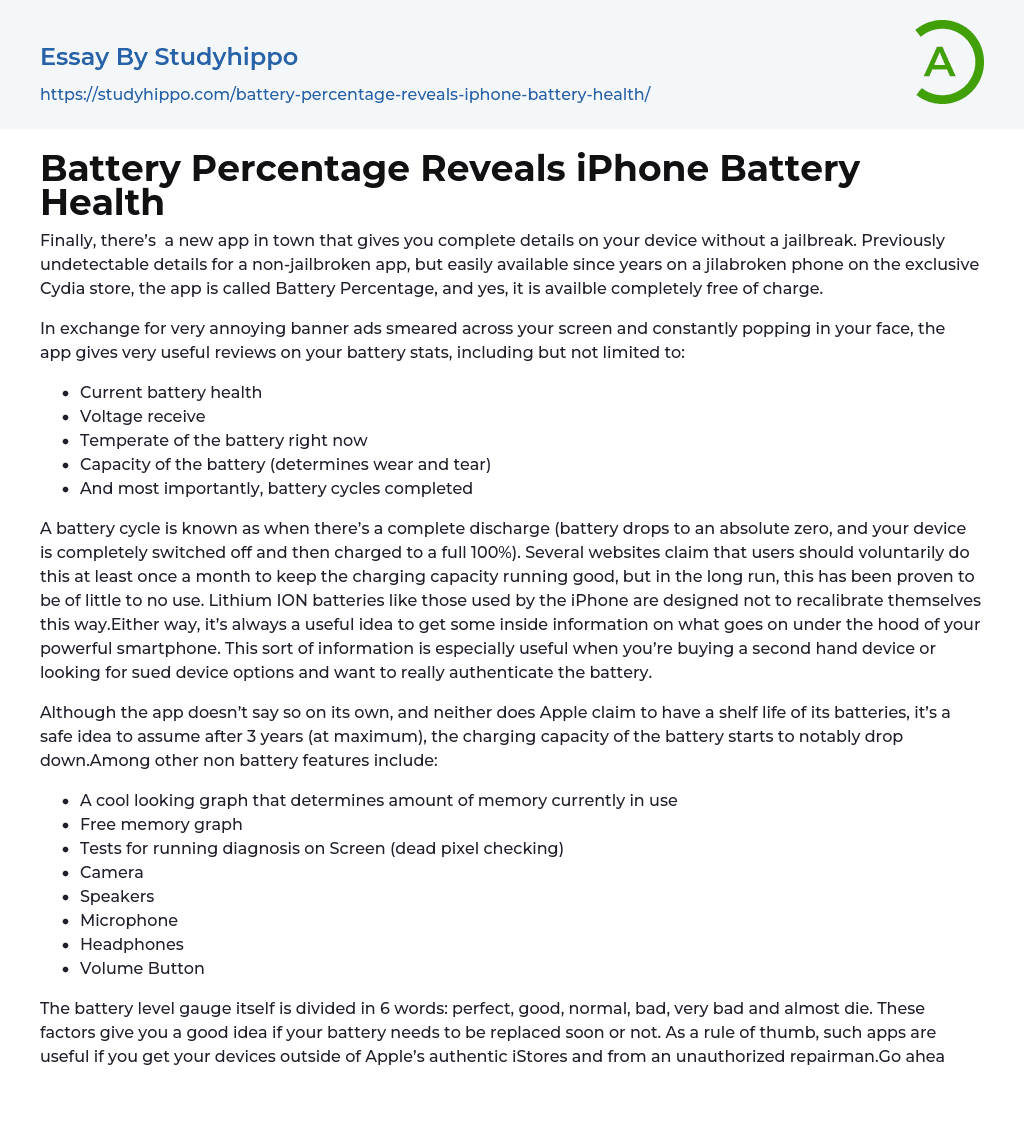 Battery Percentage Reveals iPhone Battery Health Essay Example