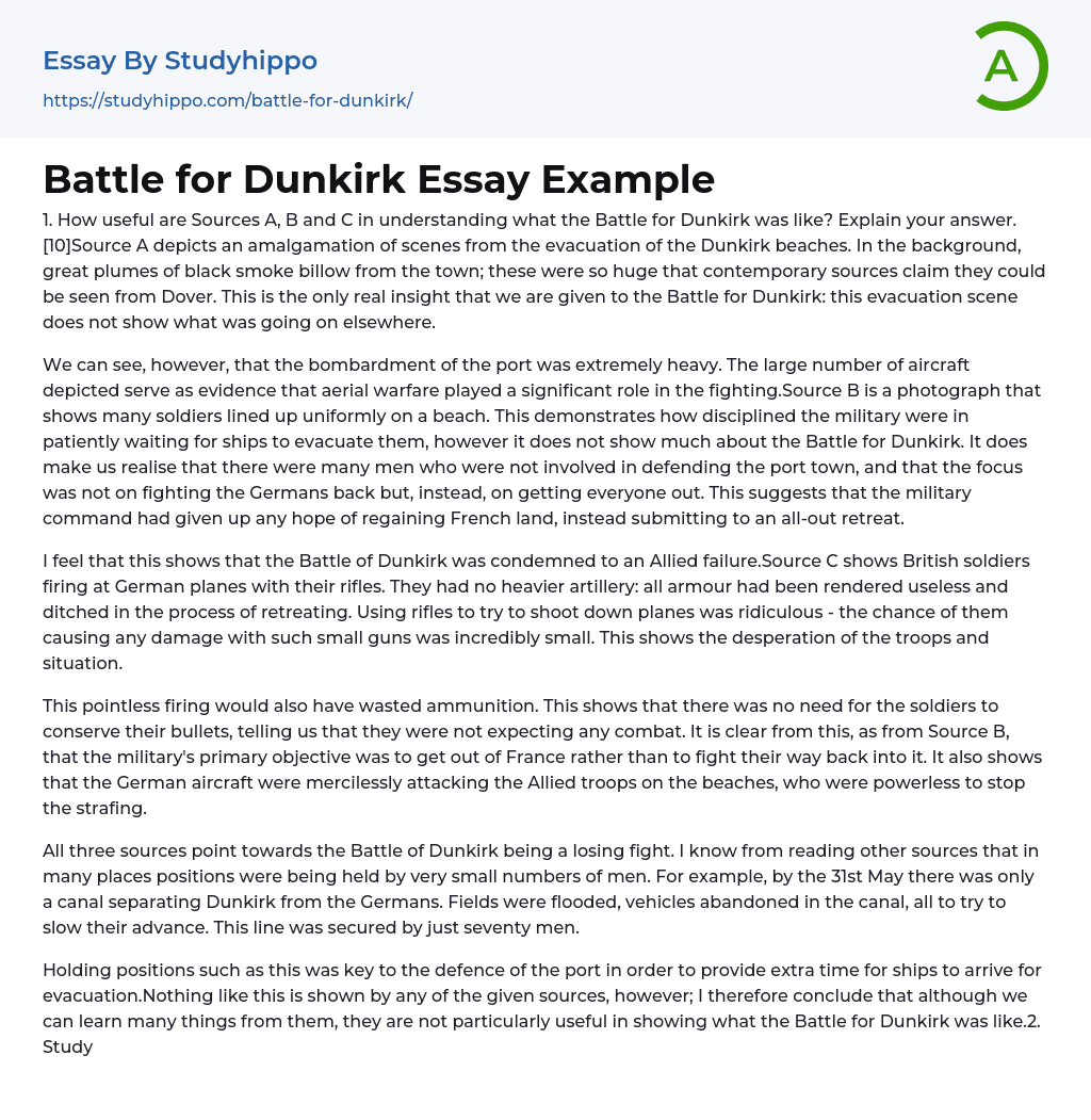 Battle for Dunkirk Essay Example