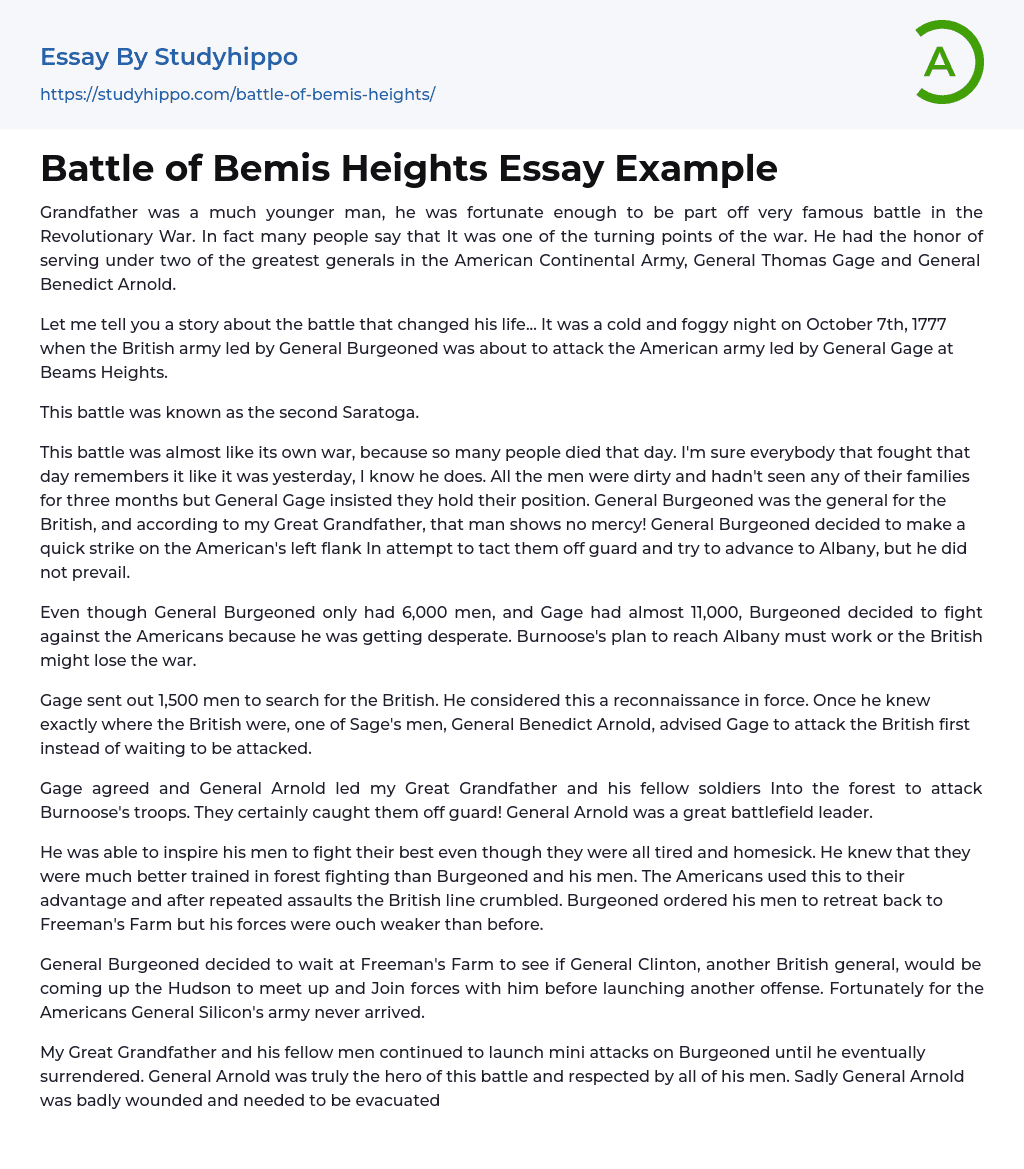 Battle of Bemis Heights Essay Example