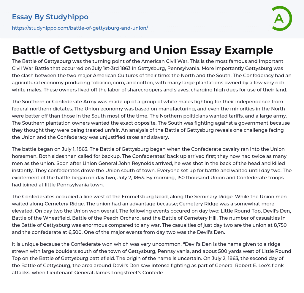 Battle of Gettysburg and Union Essay Example