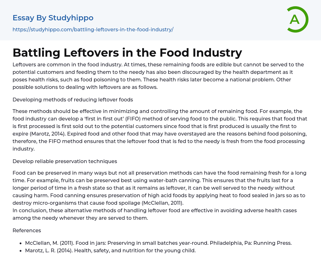 Battling Leftovers in the Food Industry Essay Example