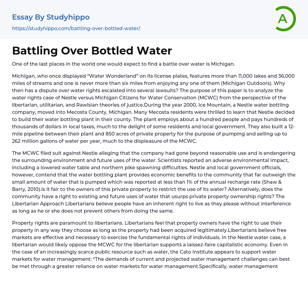 Battling Over Bottled Water Essay Example