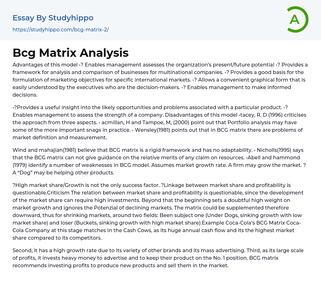 Bcg Matrix Analysis Essay Example