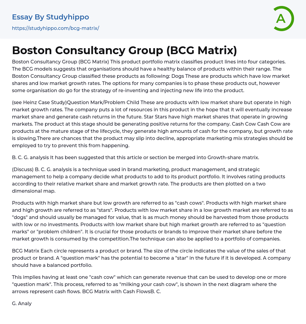 Boston Consultancy Group (BCG Matrix) Essay Example