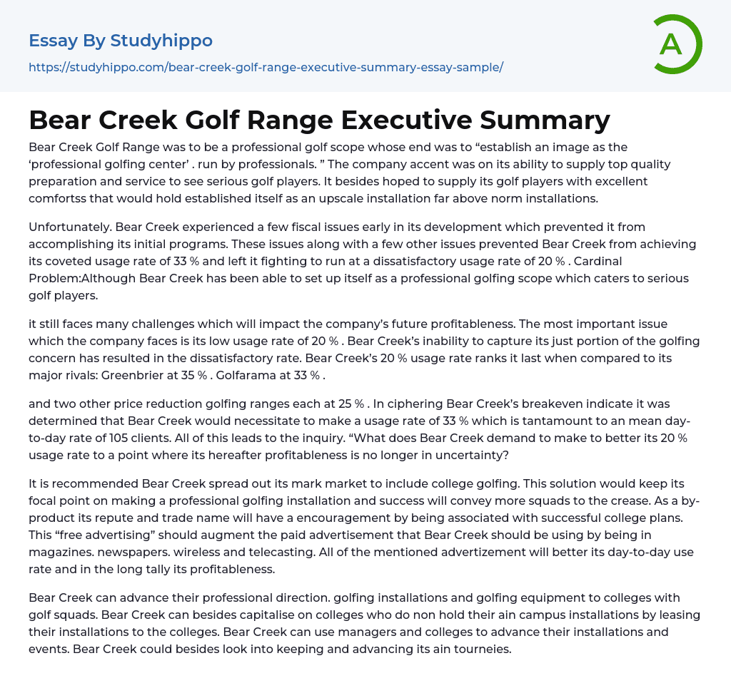 Bear Creek Golf Range Executive Summary Essay Example