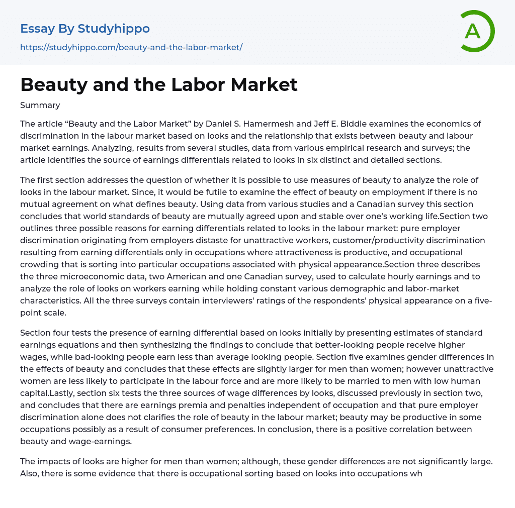 Beauty and the Labor Market Essay Example