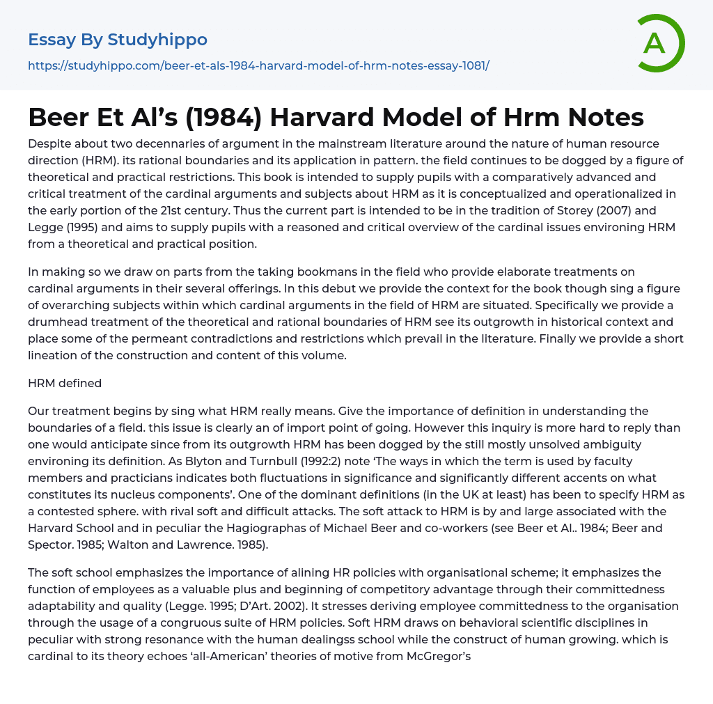 Beer Et Al’s (1984) Harvard Model of Hrm Notes Essay Example