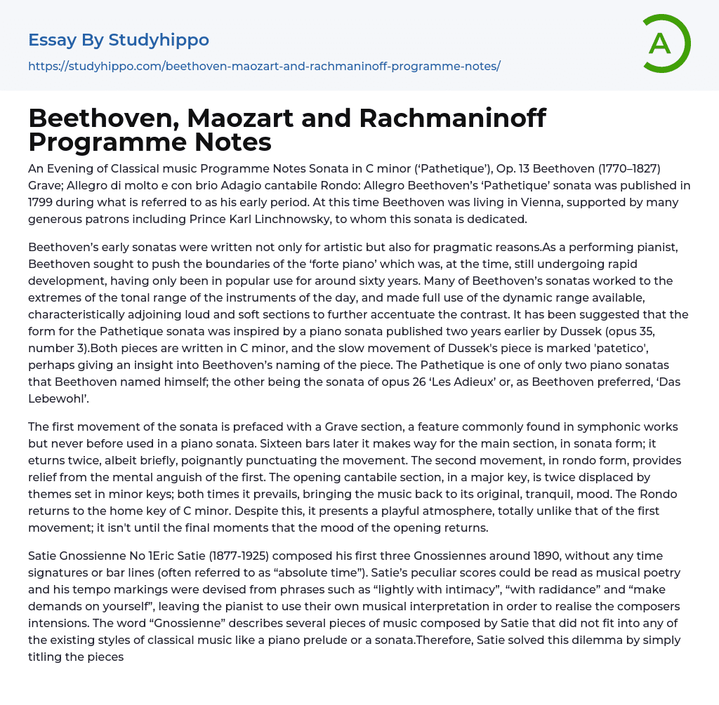 Beethoven, Maozart and Rachmaninoff Programme Notes Essay Example