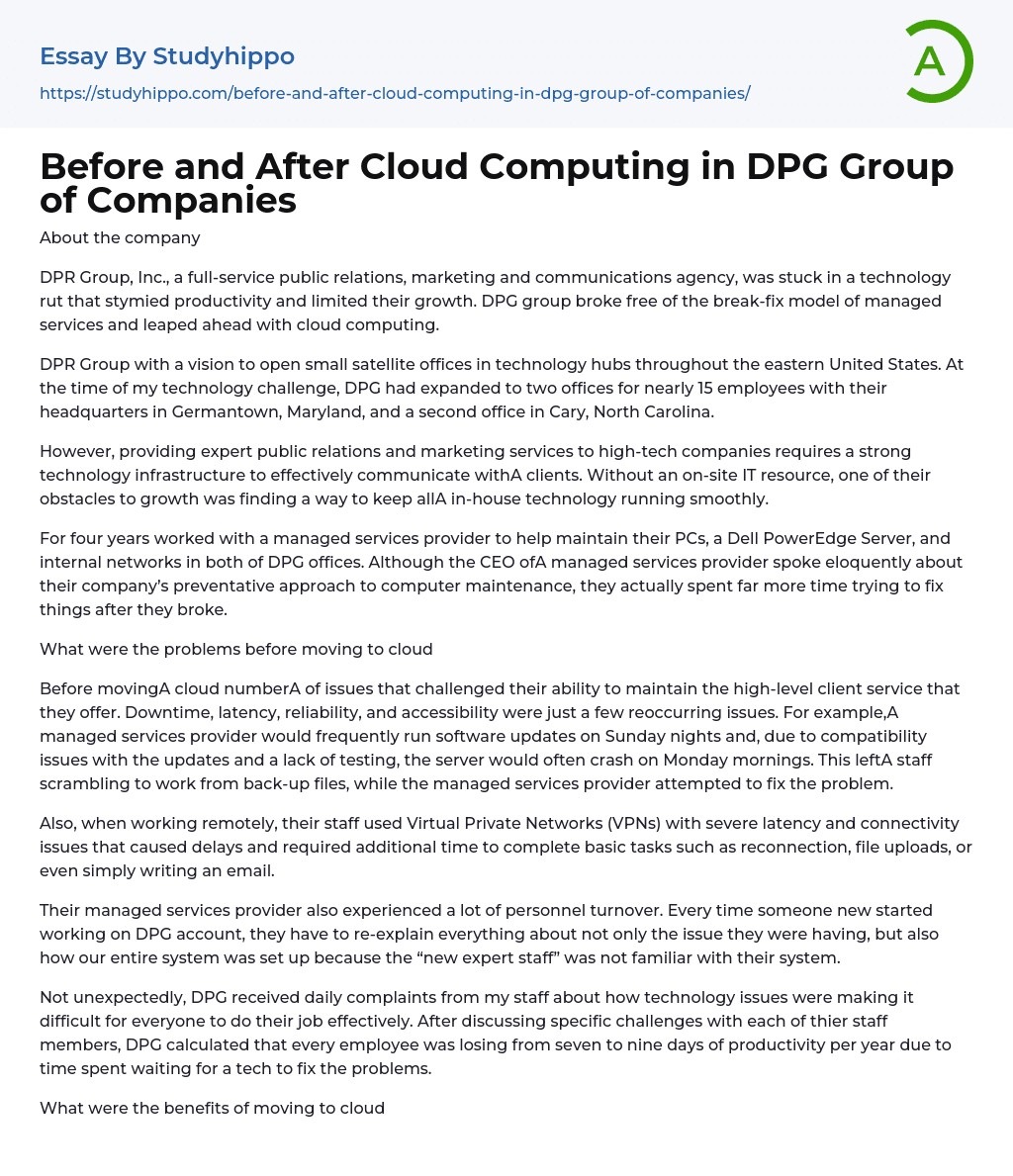 Before and After Cloud Computing in DPG Group of Companies Essay Example