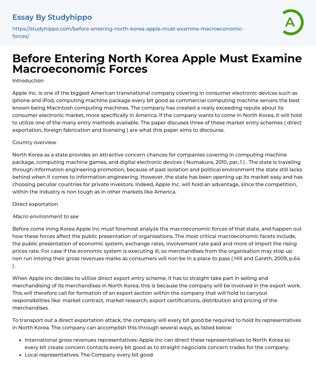 Before Entering North Korea Apple Must Examine Macroeconomic Forces Essay Example