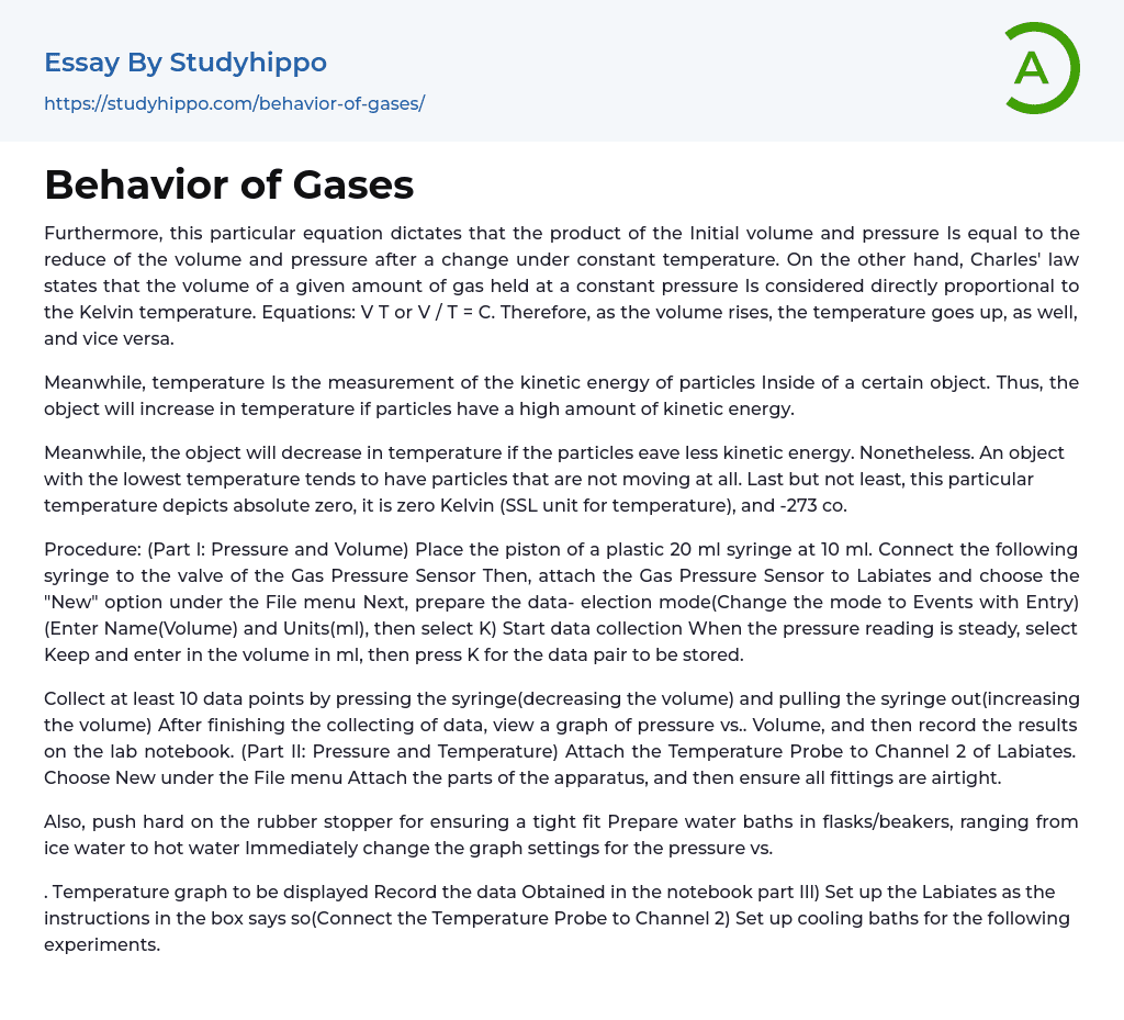 Behavior of Gases Essay Example