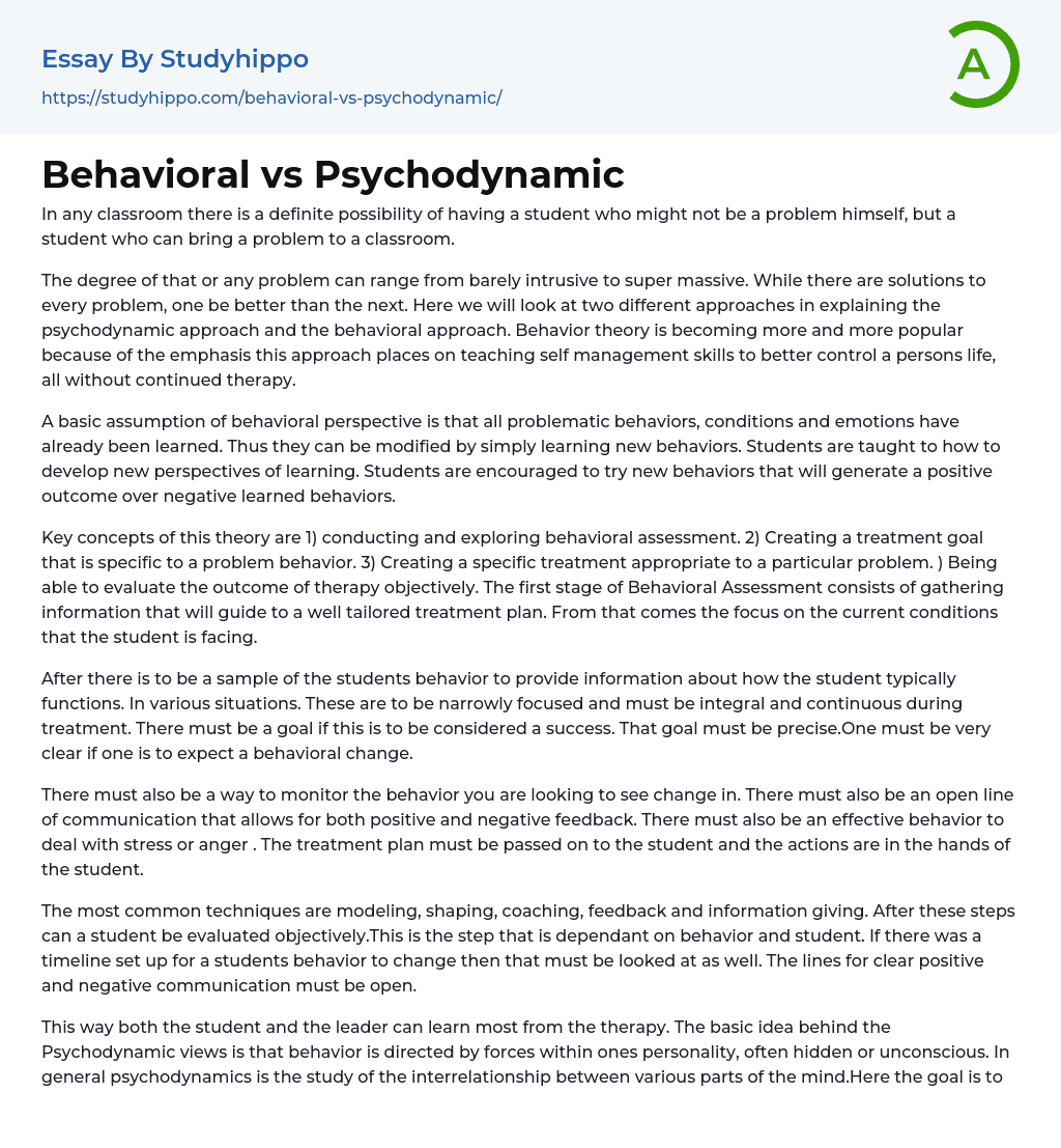Behavioral vs Psychodynamic Essay Example