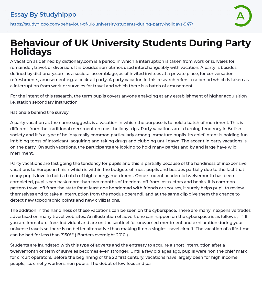 Behaviour of UK University Students During Party Holidays Essay Example