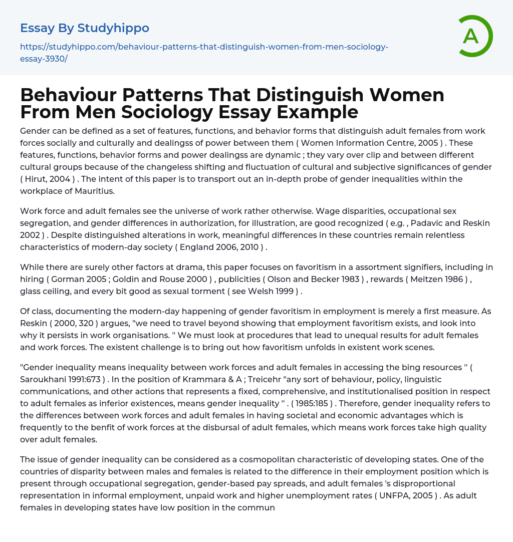 Behaviour Patterns That Distinguish Women From Men Sociology Essay Example