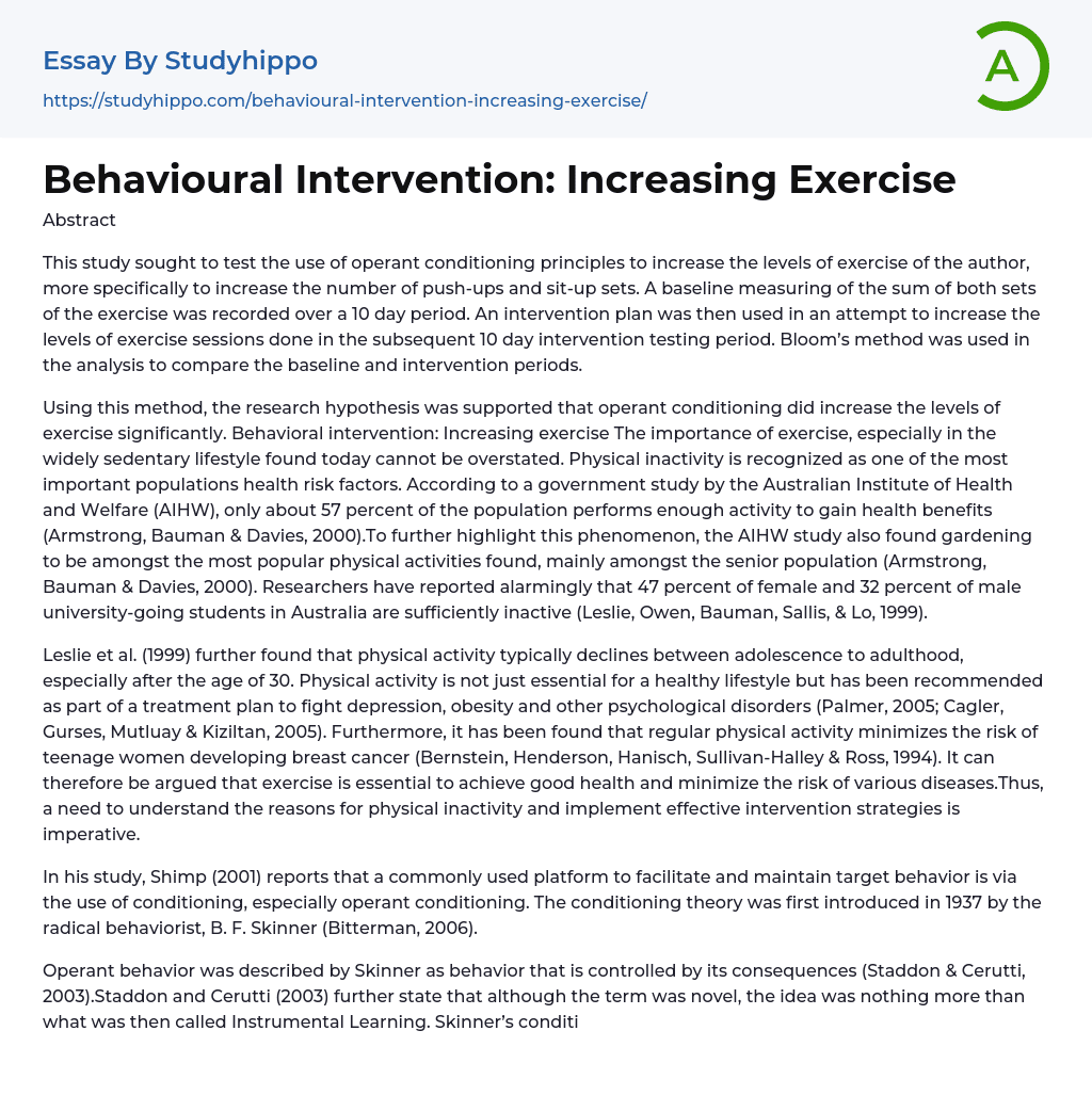 Behavioural Intervention: Increasing Exercise Essay Example