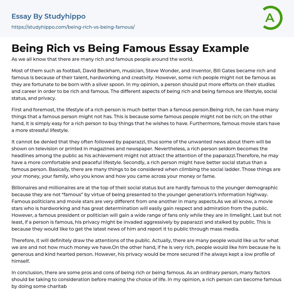 Being Rich vs Being Famous Essay Example