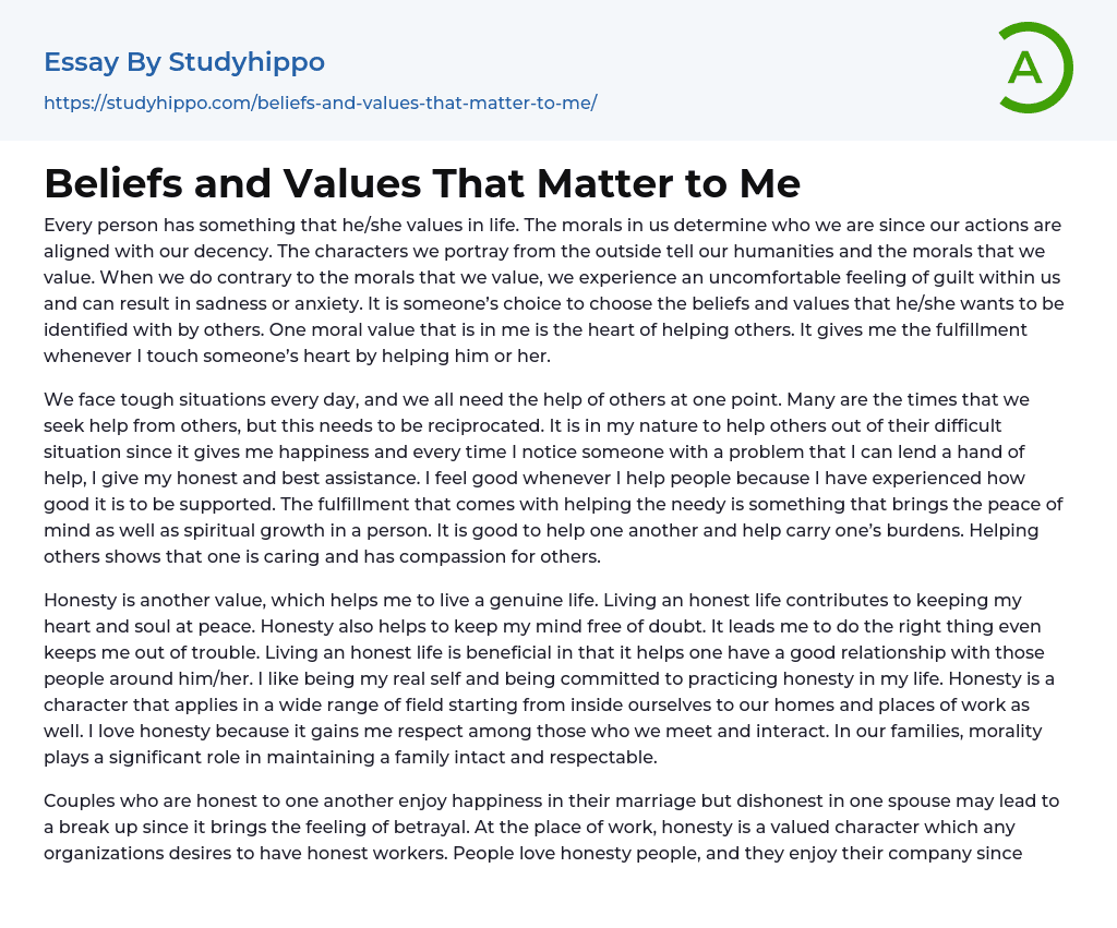 Beliefs and Values That Matter to Me Essay Example