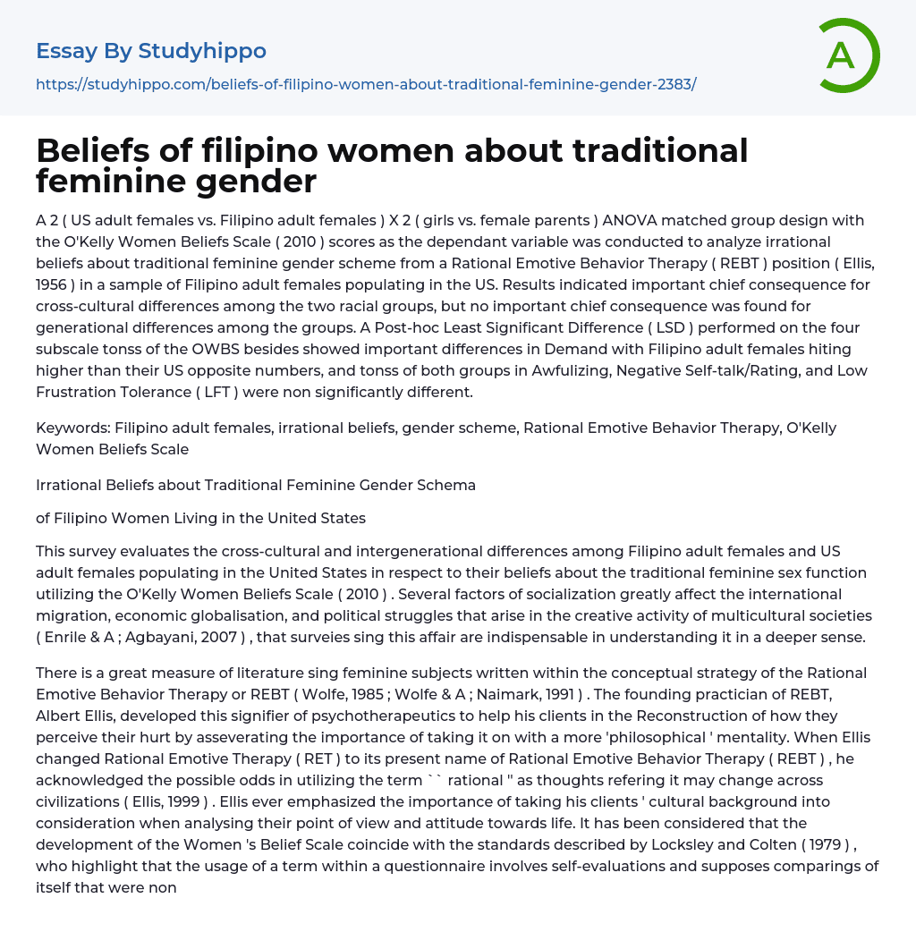 Beliefs of filipino women about traditional feminine gender Essay Example