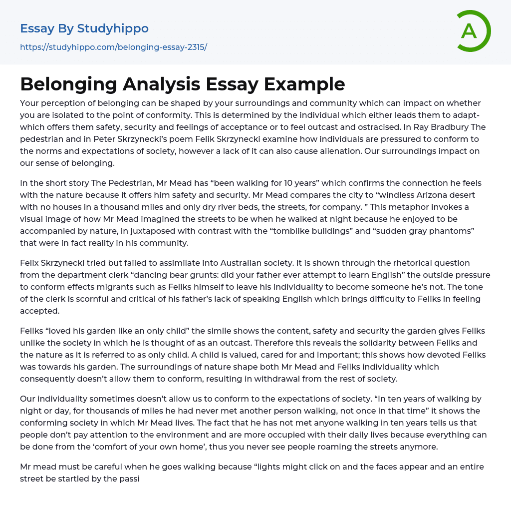 Belonging Analysis Essay Example