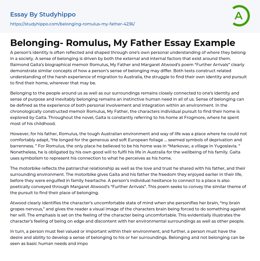 Belonging- Romulus, My Father Essay Example