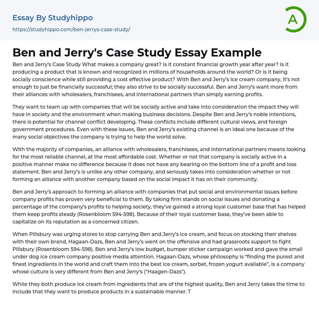 Ben and Jerry’s Case Study Essay Example