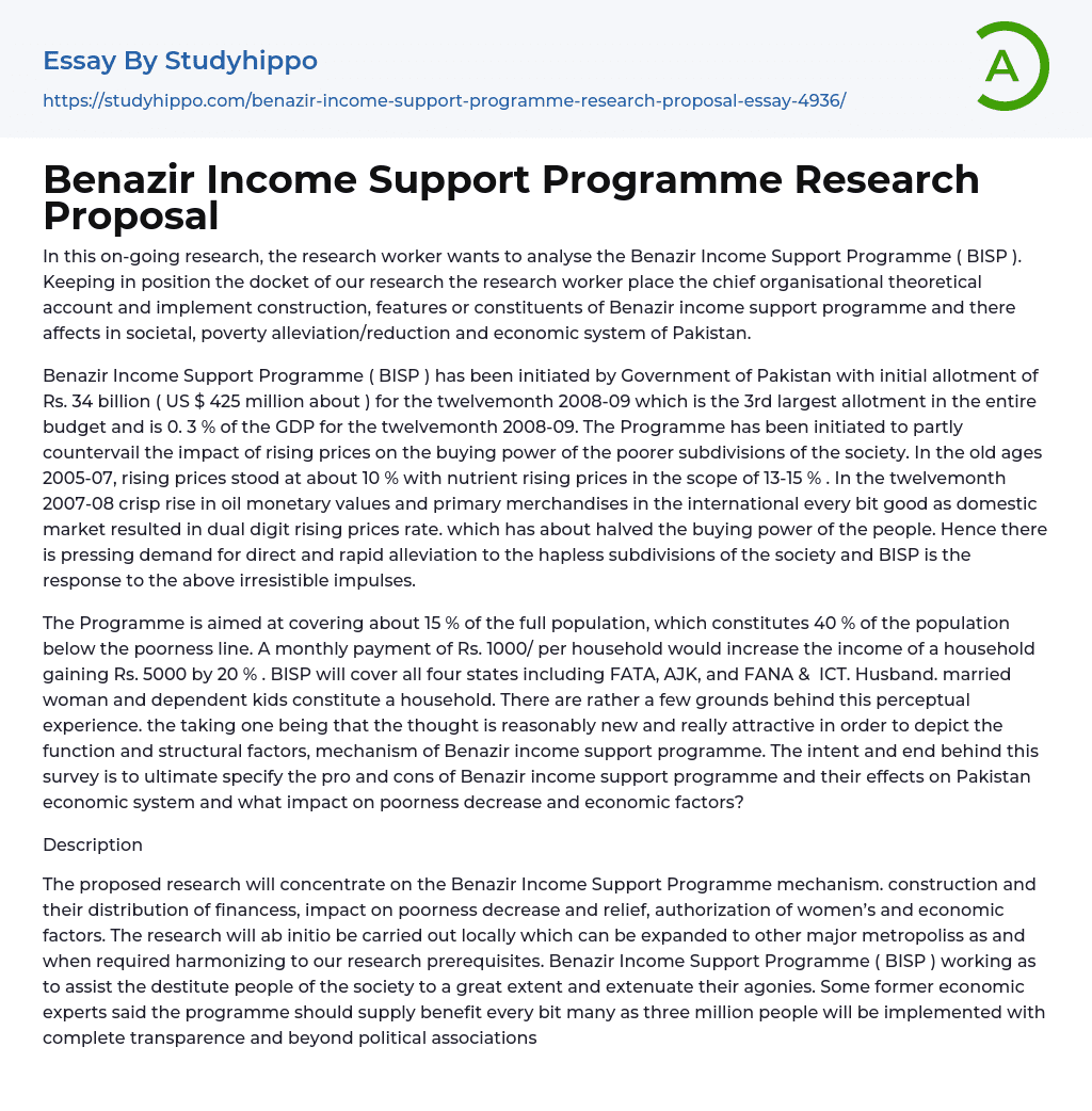 Benazir Income Support Programme Research Proposal Essay Example