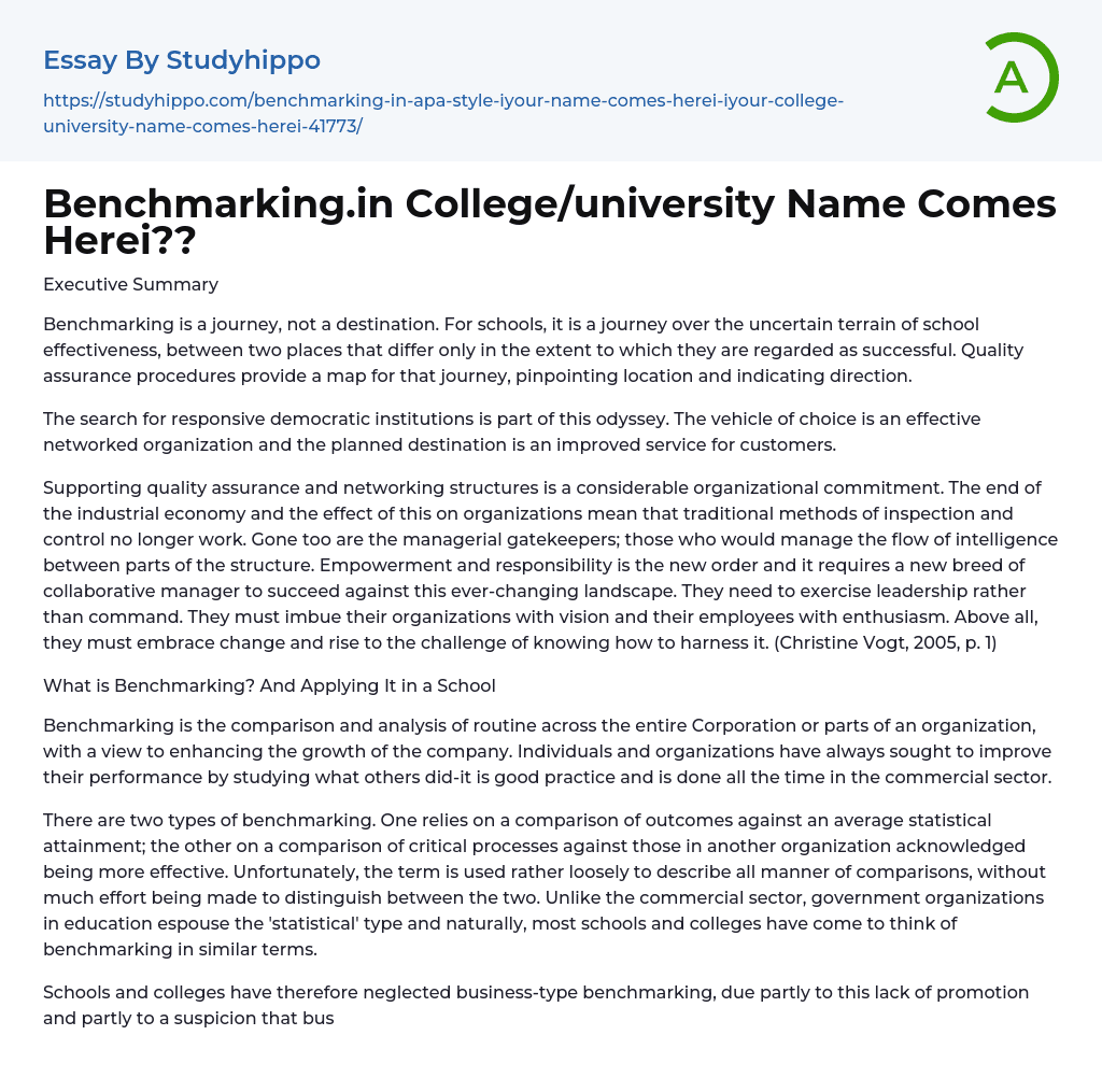 Benchmarking.in College/university Name Comes Herei?? Essay Example
