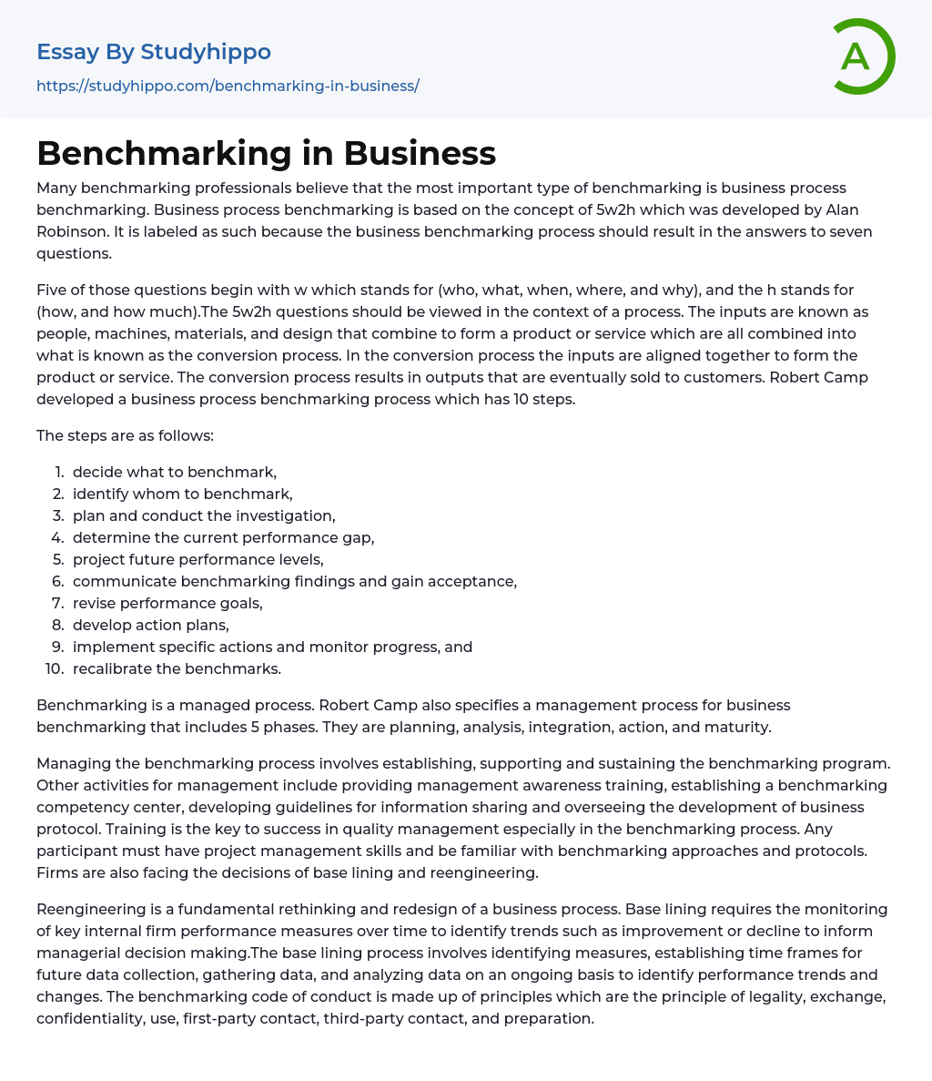Benchmarking in Business Essay Example