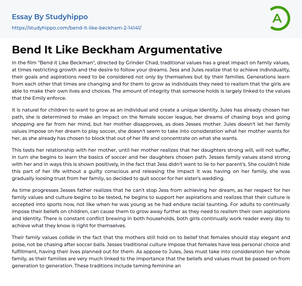 Bend It Like Beckham Argumentative Essay Example